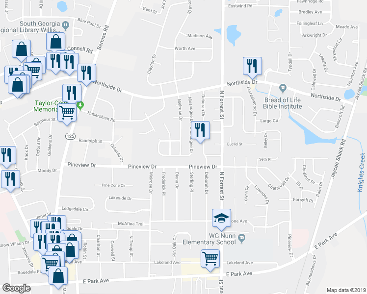 map of restaurants, bars, coffee shops, grocery stores, and more near 2491 Melrose Drive in Valdosta