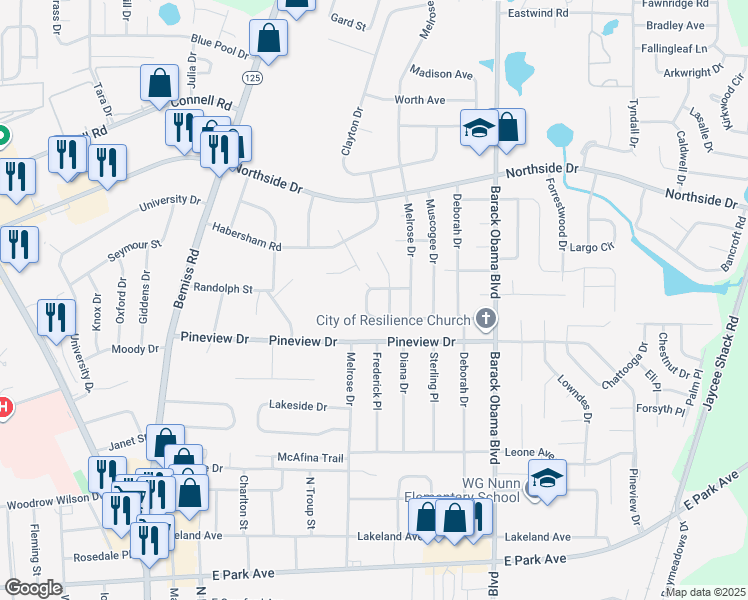 map of restaurants, bars, coffee shops, grocery stores, and more near 2406 Muscogee Drive in Valdosta