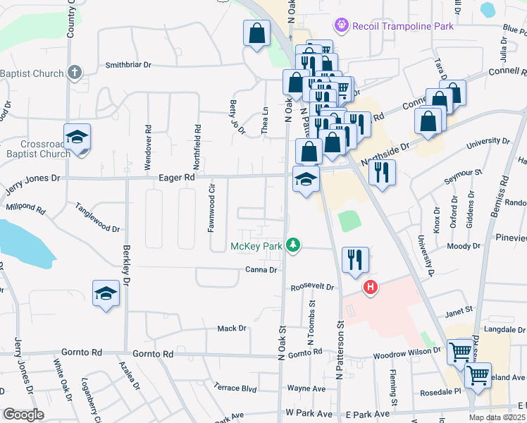 map of restaurants, bars, coffee shops, grocery stores, and more near 439 Georgetown Circle in Valdosta