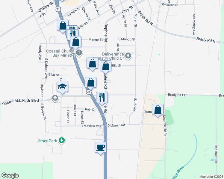 map of restaurants, bars, coffee shops, grocery stores, and more near 906 East Pleasant Avenue in Bay Minette