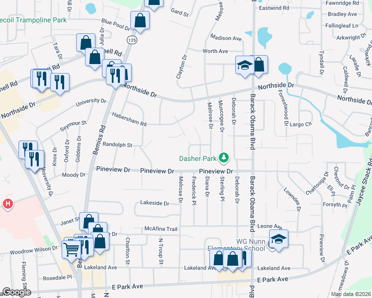 map of restaurants, bars, coffee shops, grocery stores, and more near 2403 Muscogee Drive in Valdosta