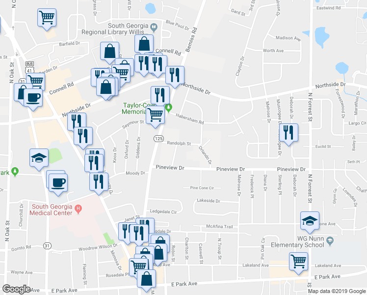 map of restaurants, bars, coffee shops, grocery stores, and more near 701 Randolph Street in Valdosta
