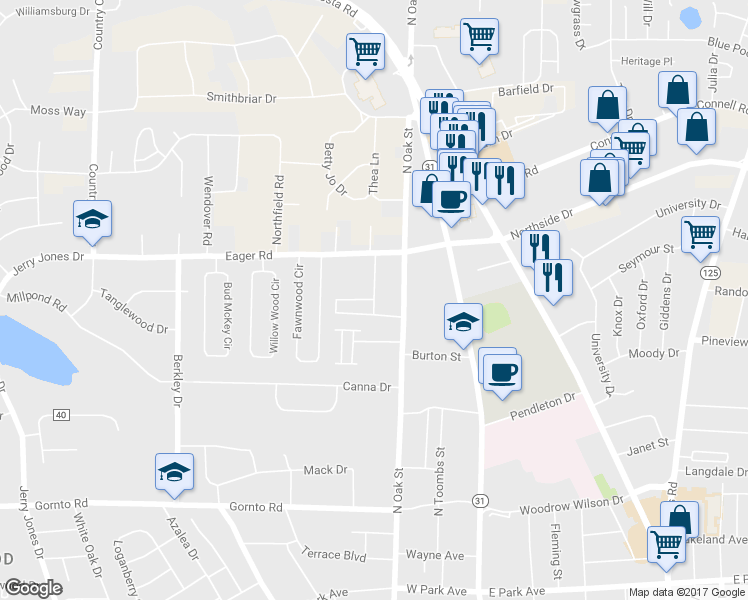 map of restaurants, bars, coffee shops, grocery stores, and more near 2751 Windemere Drive in Valdosta