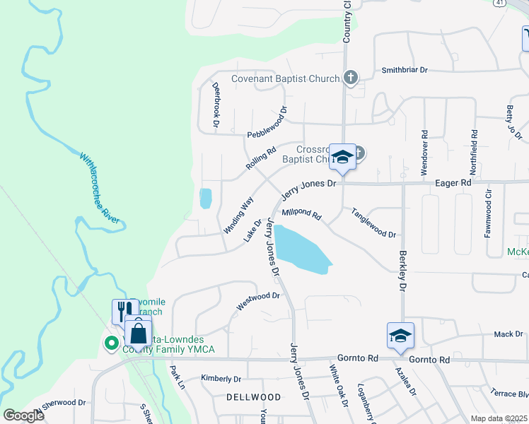 map of restaurants, bars, coffee shops, grocery stores, and more near 2524 Jerry Jones Drive in Valdosta