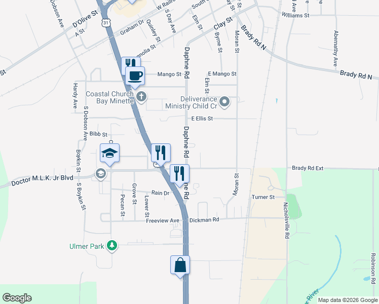 map of restaurants, bars, coffee shops, grocery stores, and more near 906 E Pleasant Ave in Bay Minette