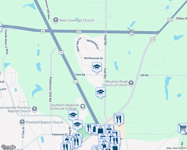 map of restaurants, bars, coffee shops, grocery stores, and more near 324 Clark Road in Thomasville