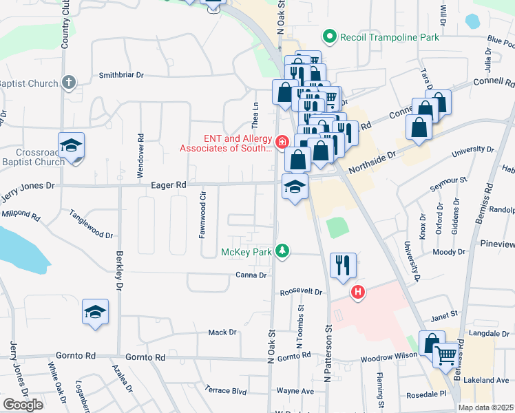 map of restaurants, bars, coffee shops, grocery stores, and more near 439 Georgetown Circle in Valdosta
