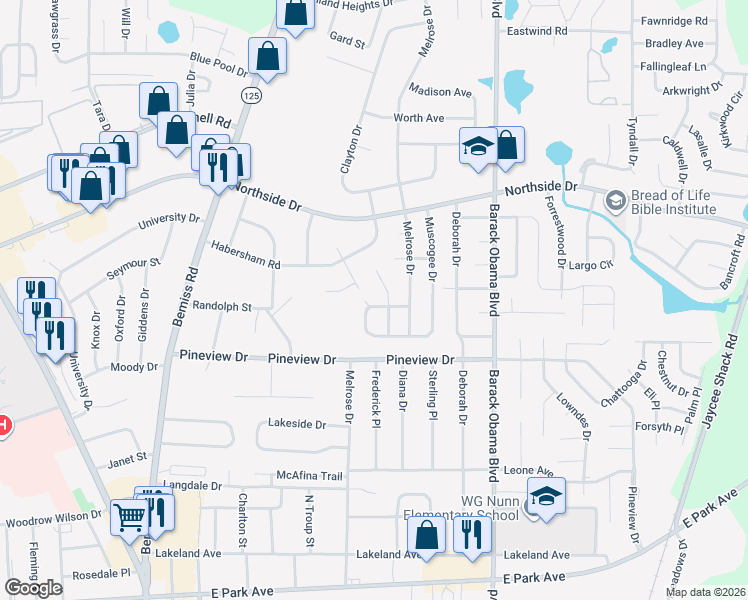 map of restaurants, bars, coffee shops, grocery stores, and more near 2522 Chandler Drive in Valdosta