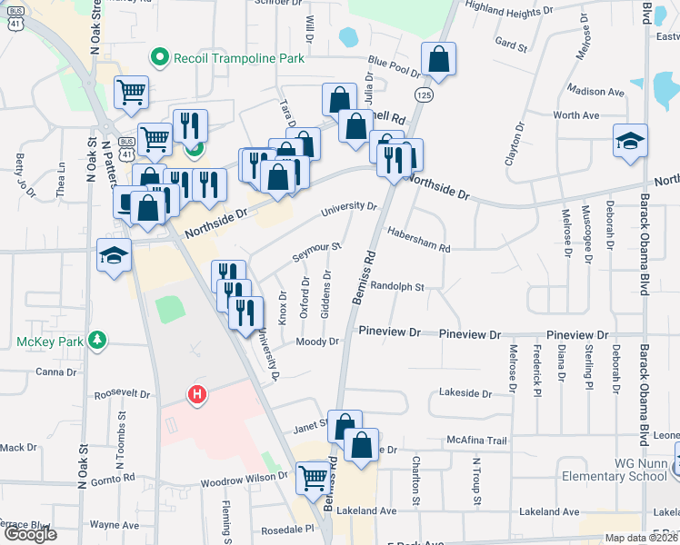 map of restaurants, bars, coffee shops, grocery stores, and more near 2416 Bemiss Road in Valdosta