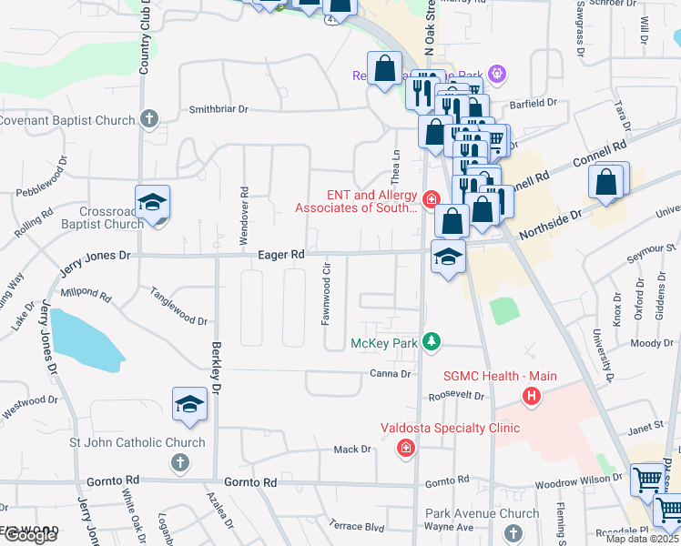 map of restaurants, bars, coffee shops, grocery stores, and more near 2902 Fawnwood Circle in Valdosta