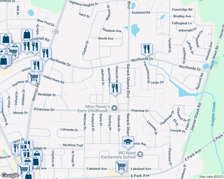 map of restaurants, bars, coffee shops, grocery stores, and more near 2500 Deborah Drive in Valdosta