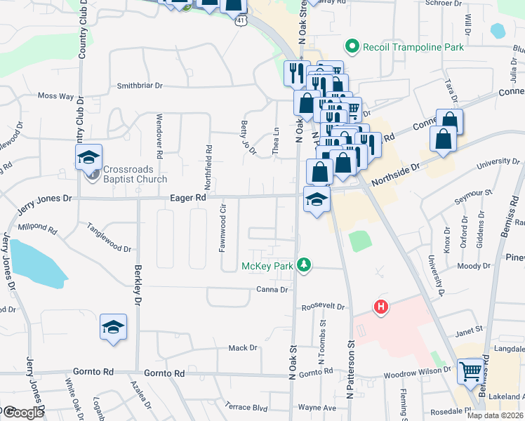 map of restaurants, bars, coffee shops, grocery stores, and more near 2913 Fawnwood Circle in Valdosta