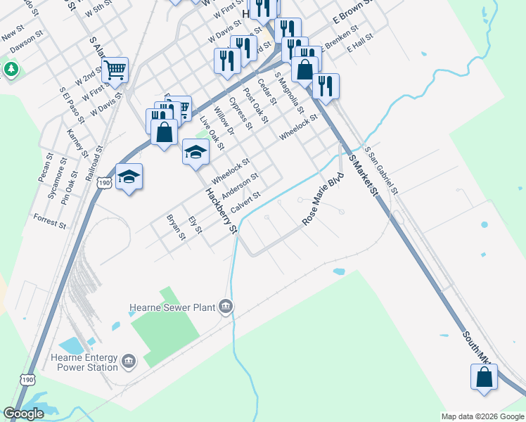 map of restaurants, bars, coffee shops, grocery stores, and more near 17 Lenora Drive in Hearne