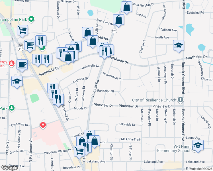 map of restaurants, bars, coffee shops, grocery stores, and more near 608 Randolph Street in Valdosta