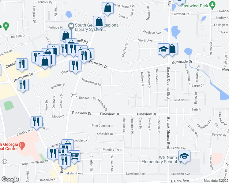 map of restaurants, bars, coffee shops, grocery stores, and more near 8 Oconee Place in Valdosta