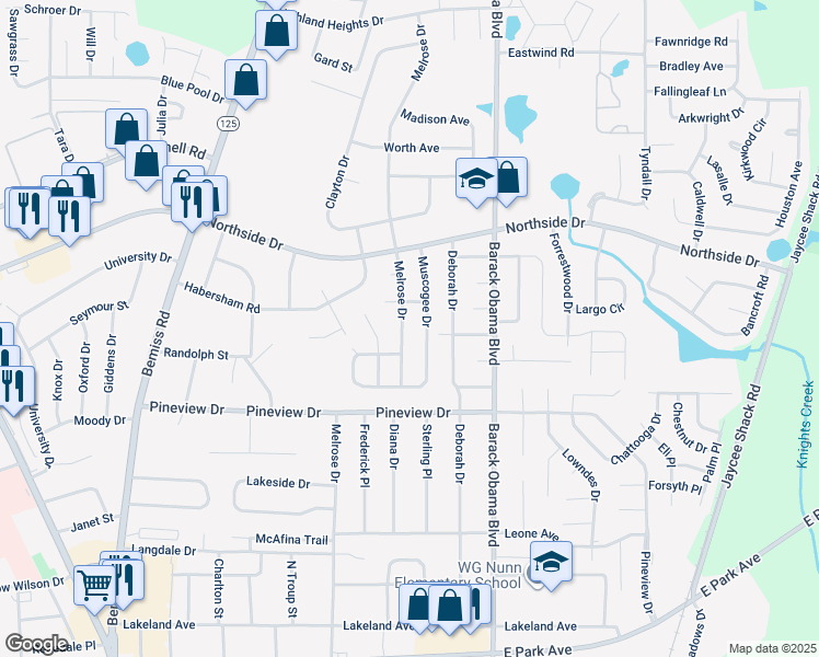 map of restaurants, bars, coffee shops, grocery stores, and more near 2517 Melrose Drive in Valdosta