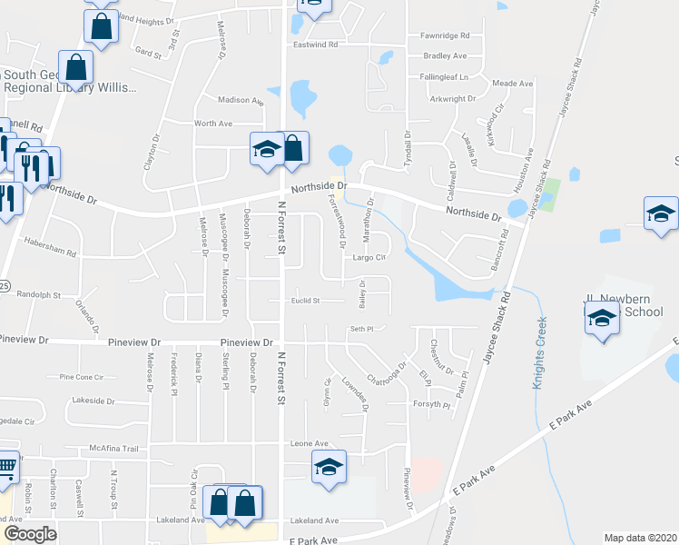 map of restaurants, bars, coffee shops, grocery stores, and more near 1710 Fresno Street in Valdosta