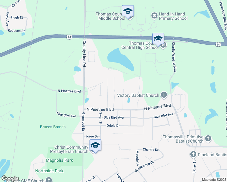 map of restaurants, bars, coffee shops, grocery stores, and more near 1388 North Pinetree Boulevard in Thomasville