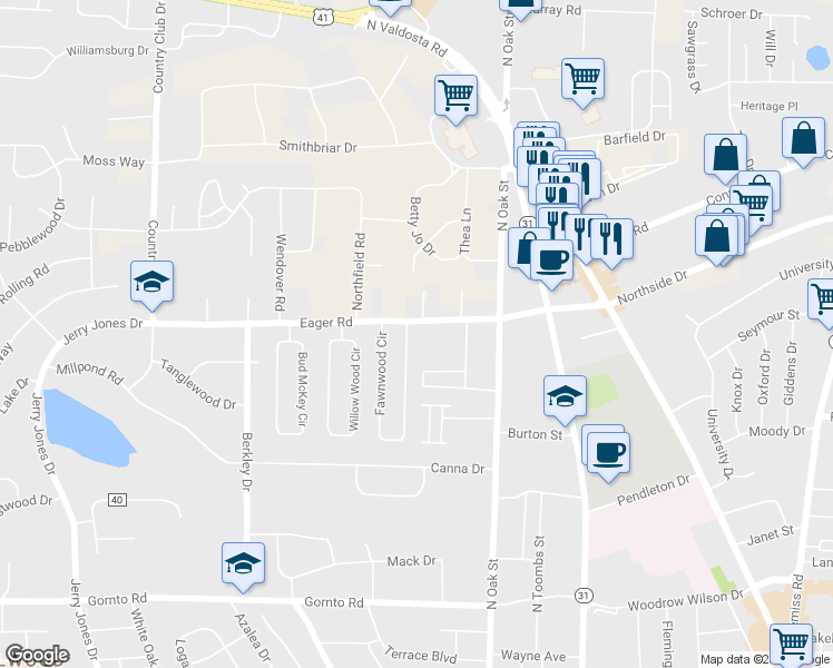 map of restaurants, bars, coffee shops, grocery stores, and more near 2913 Fawnwood Circle in Valdosta
