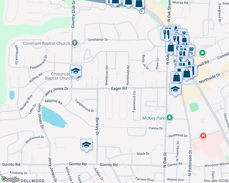 map of restaurants, bars, coffee shops, grocery stores, and more near 2843 Bud McKey Circle in Valdosta