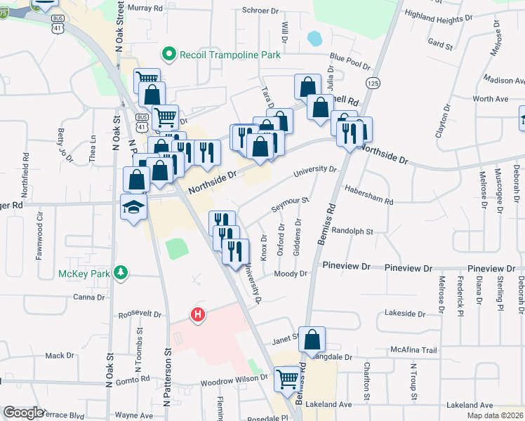 map of restaurants, bars, coffee shops, grocery stores, and more near 416 Seymour Street in Valdosta