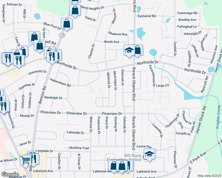 map of restaurants, bars, coffee shops, grocery stores, and more near 2521 Melrose Drive in Valdosta