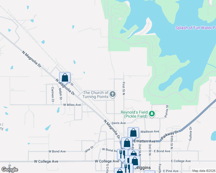 map of restaurants, bars, coffee shops, grocery stores, and more near 311 Roberson Avenue in Wiggins
