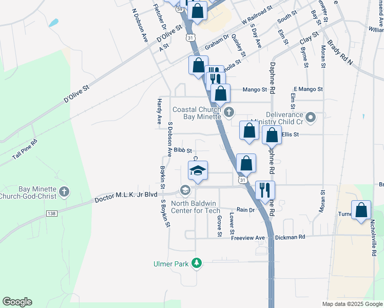 map of restaurants, bars, coffee shops, grocery stores, and more near 501 Bibb Street in Bay Minette