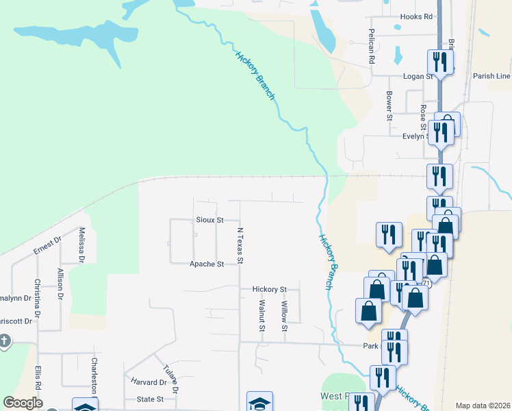 map of restaurants, bars, coffee shops, grocery stores, and more near 905 Cherokee Street in DeRidder