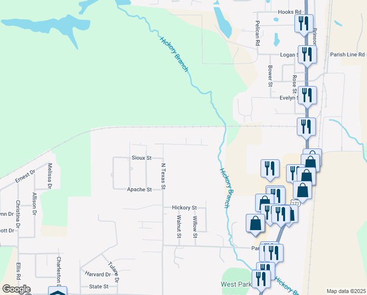 map of restaurants, bars, coffee shops, grocery stores, and more near 901 Cherokee Street in DeRidder