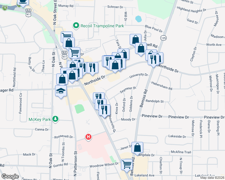 map of restaurants, bars, coffee shops, grocery stores, and more near 416 Seymour Street in Valdosta