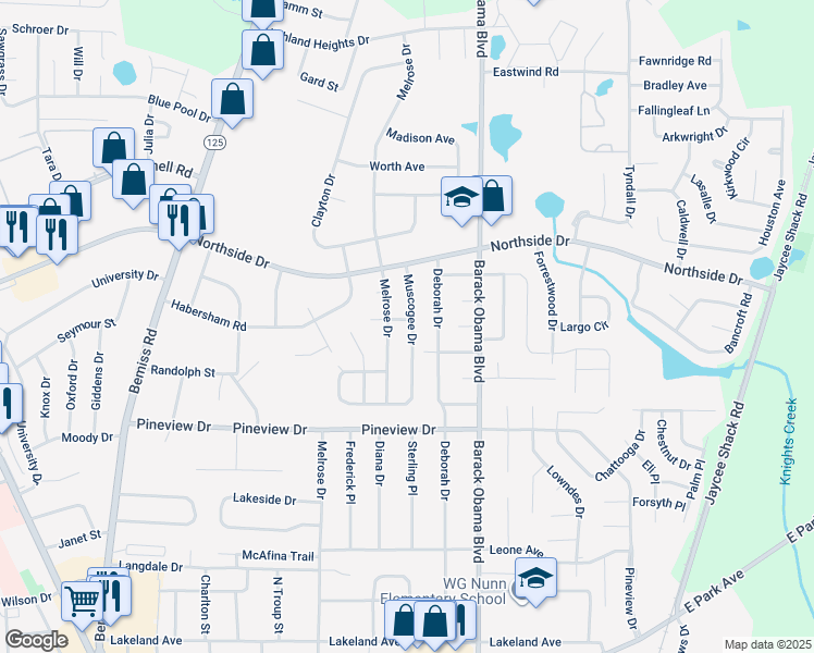 map of restaurants, bars, coffee shops, grocery stores, and more near 2516 Muscogee Drive in Valdosta