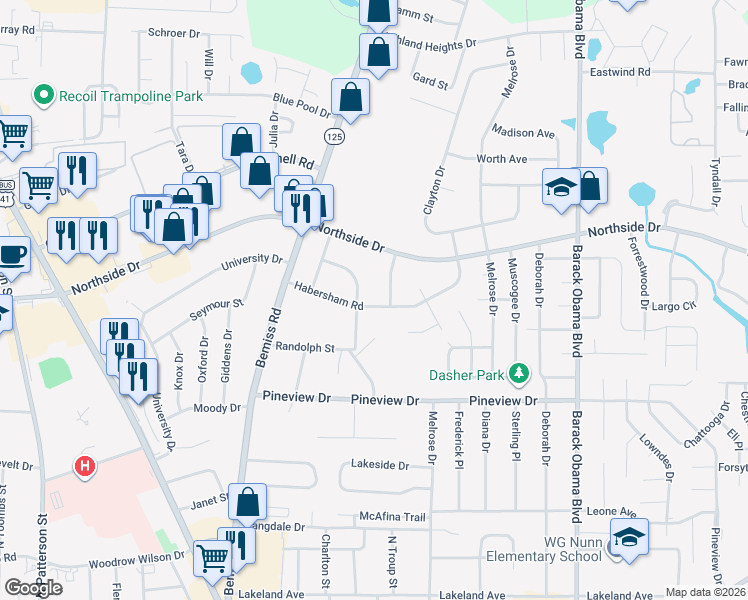 map of restaurants, bars, coffee shops, grocery stores, and more near 2504 Willacoochee Drive in Valdosta