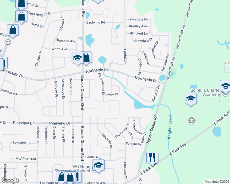 map of restaurants, bars, coffee shops, grocery stores, and more near 1714 Largo Circle in Valdosta