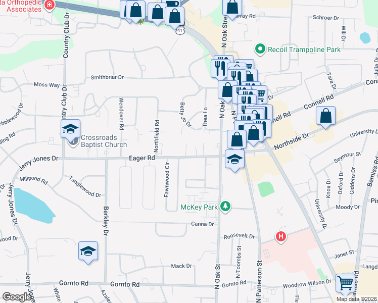 map of restaurants, bars, coffee shops, grocery stores, and more near 2808 Jadan Place in Valdosta