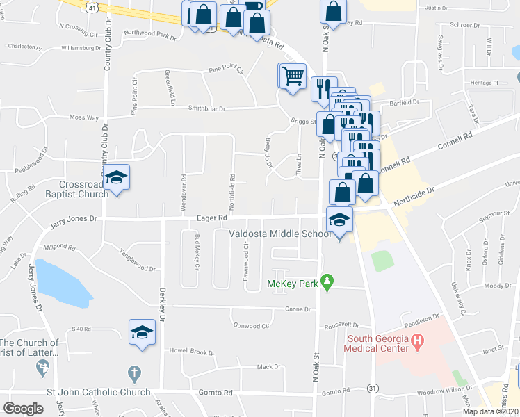 map of restaurants, bars, coffee shops, grocery stores, and more near 316 Eager Road in Valdosta