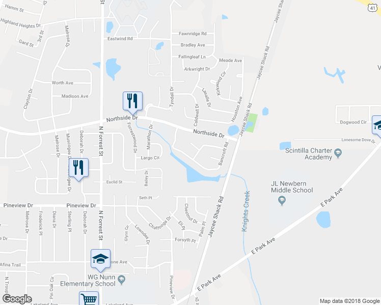 map of restaurants, bars, coffee shops, grocery stores, and more near 1908 Bancroft Road in Valdosta