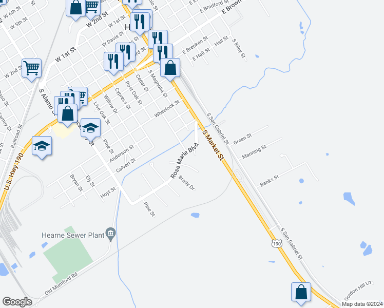 map of restaurants, bars, coffee shops, grocery stores, and more near 600 Rose Marie Boulevard in Hearne