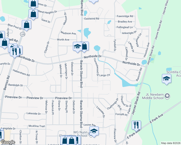 map of restaurants, bars, coffee shops, grocery stores, and more near 2612 Meadow Place in Valdosta