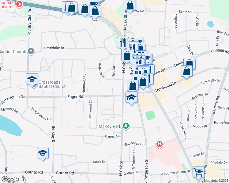 map of restaurants, bars, coffee shops, grocery stores, and more near 2807 Walmar Place in Valdosta