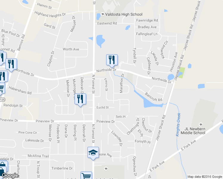 map of restaurants, bars, coffee shops, grocery stores, and more near 2548 Forrestwood Drive in Valdosta