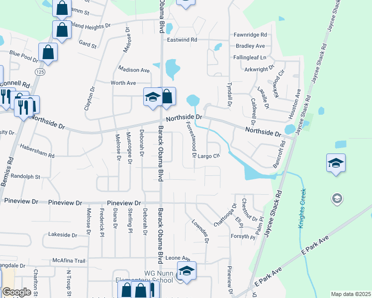 map of restaurants, bars, coffee shops, grocery stores, and more near 1638 Fresno Street in Valdosta