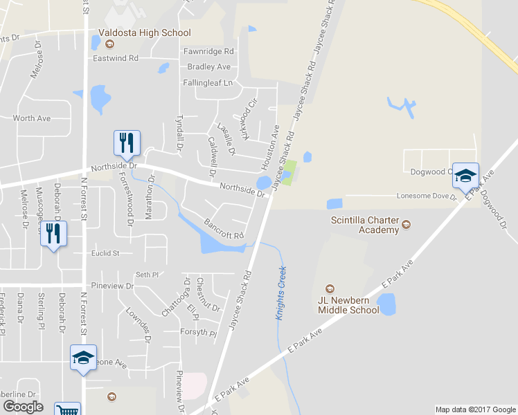 map of restaurants, bars, coffee shops, grocery stores, and more near 2033 Bancroft Road in Valdosta