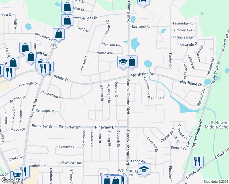 map of restaurants, bars, coffee shops, grocery stores, and more near 2514 Deborah Drive in Valdosta