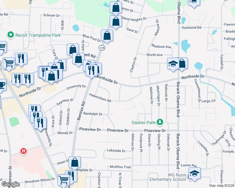 map of restaurants, bars, coffee shops, grocery stores, and more near 2504 Willacoochee Drive in Valdosta