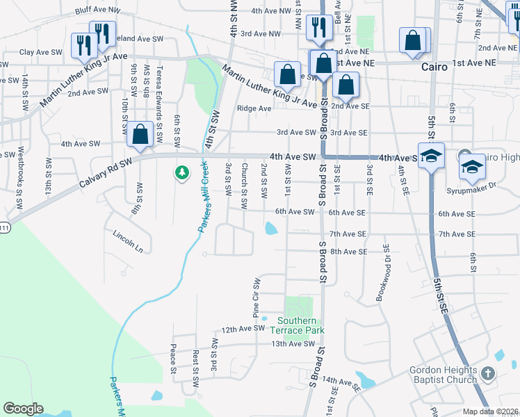 map of restaurants, bars, coffee shops, grocery stores, and more near 526 1st Street Southwest in Cairo
