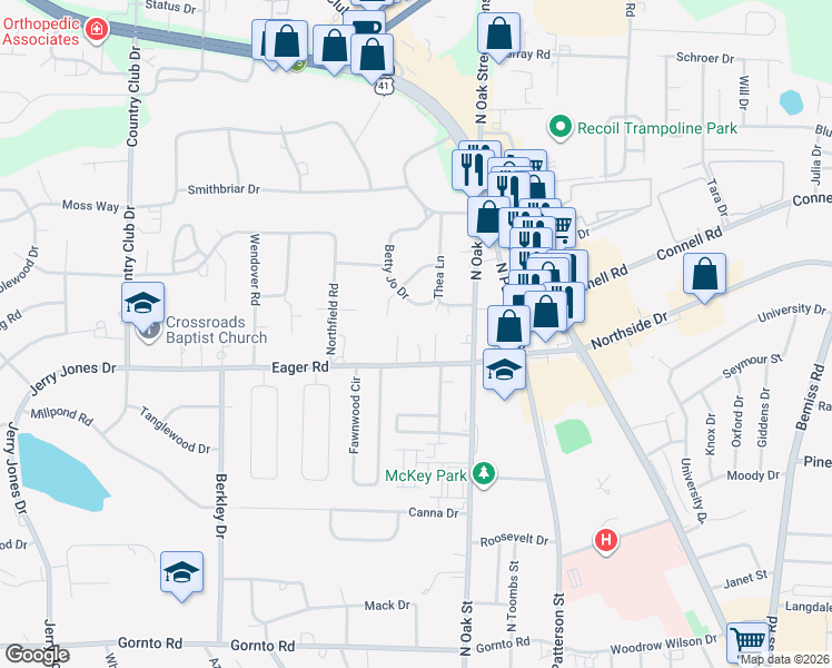map of restaurants, bars, coffee shops, grocery stores, and more near 2808 Jadan Place in Valdosta