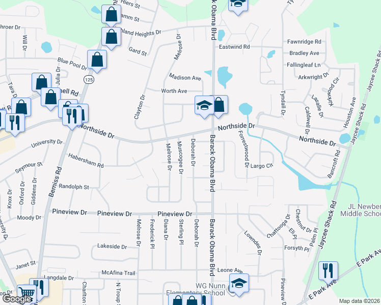 map of restaurants, bars, coffee shops, grocery stores, and more near 2514 Deborah Drive in Valdosta