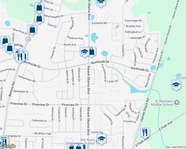 map of restaurants, bars, coffee shops, grocery stores, and more near 2612 Meadow Place in Valdosta