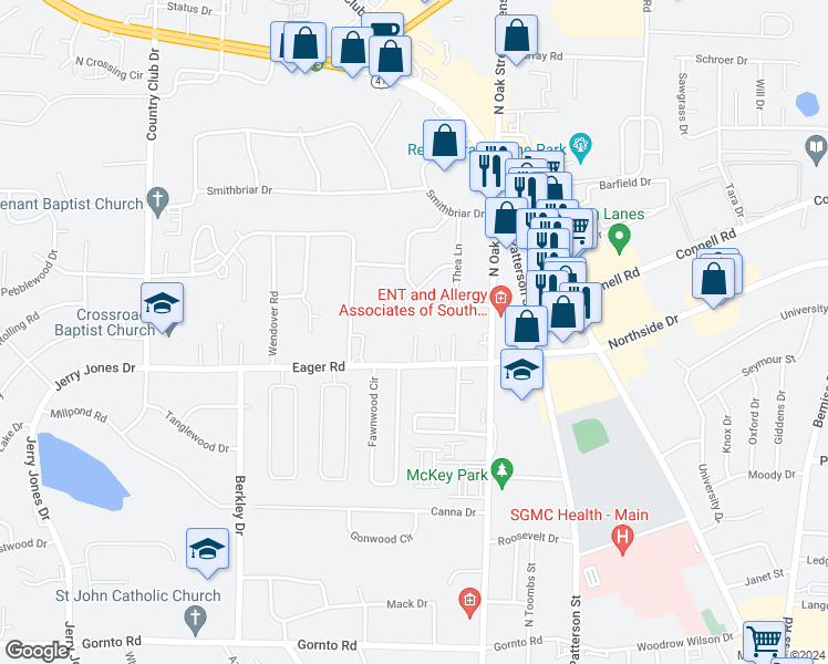 map of restaurants, bars, coffee shops, grocery stores, and more near 2808 Jadan Place in Valdosta
